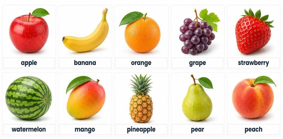 10 fruits names in English with pictures: apple, banana, orange, grape, strawberry, watermelon, mango, pineapple, pear, peach