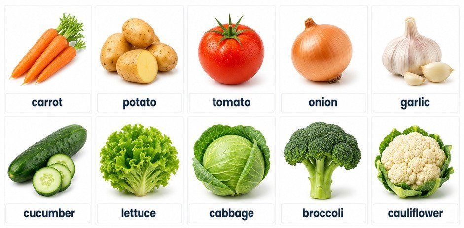 10 vegetables names in English with pictures: carrot, potato, tomato, onion, garlic, cucumber, lettuce, cabbage, broccoli, cauliflower