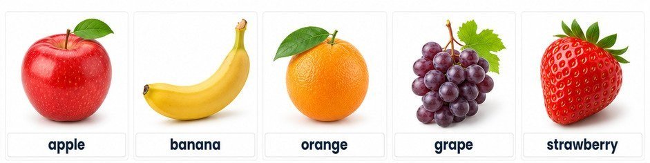 5 fruits names in English with pictures: apple, banana, orange, grape, strawberry
