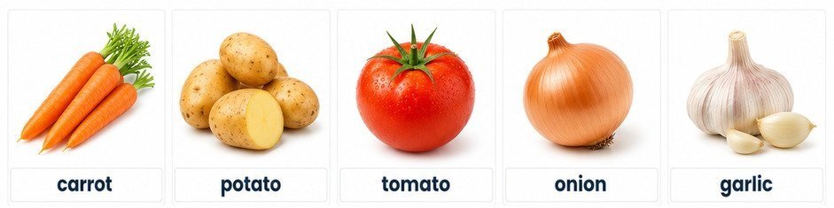 5 vegetables names in English with pictures: carrot, potato, tomato, onion, garlic
