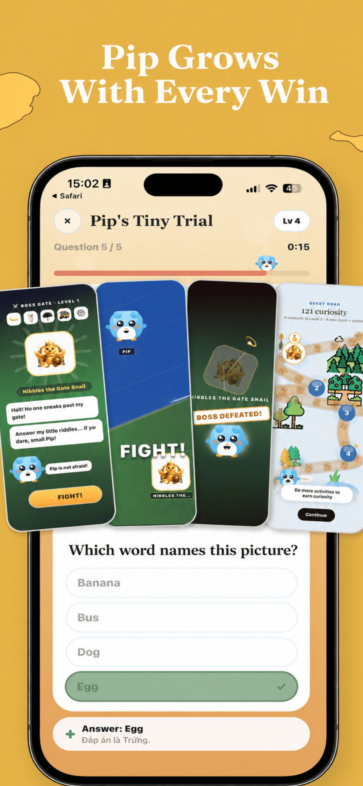 An English learning app for kids where a boss challenge quizzes the child on words they collected