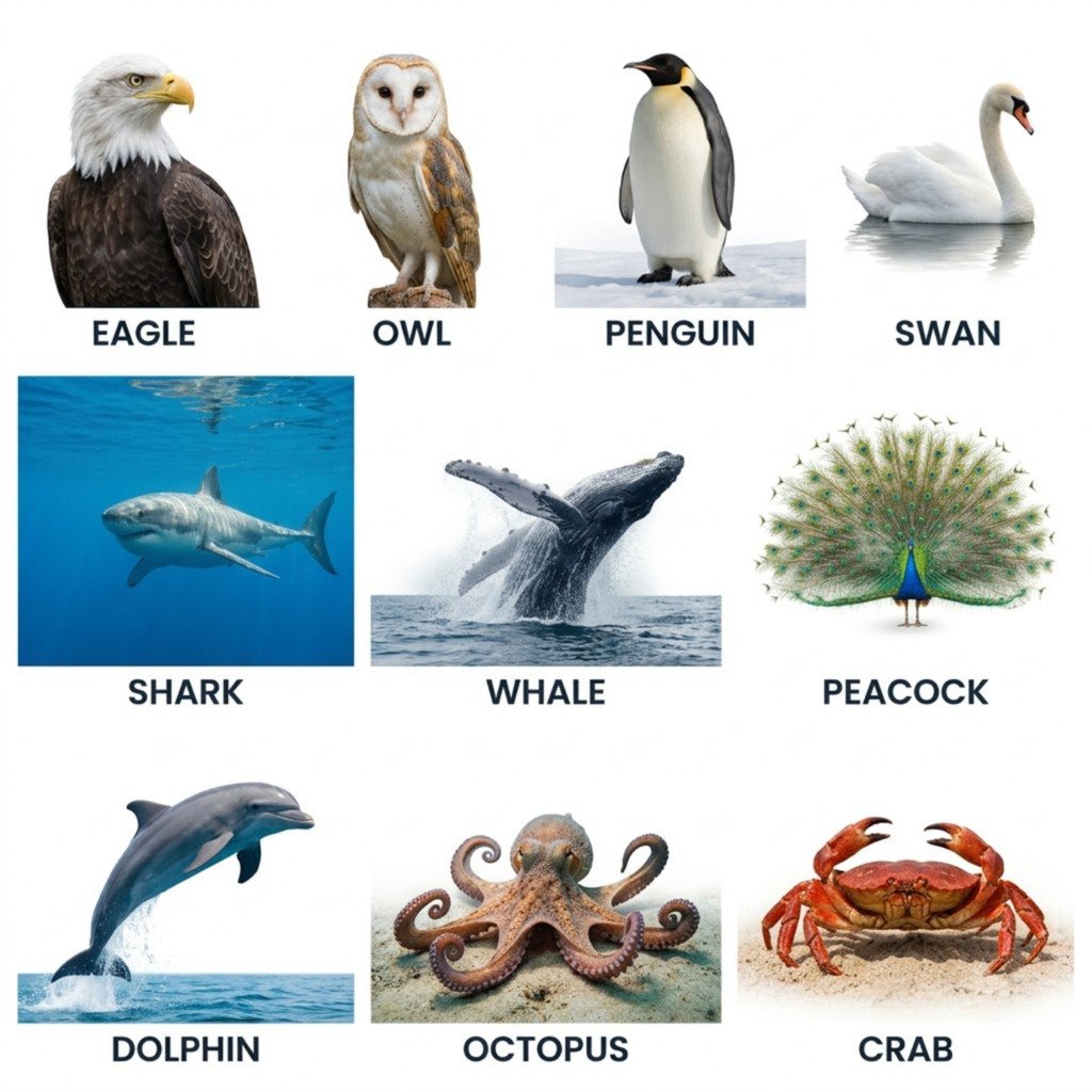 Bird and sea animal names in English with pictures
