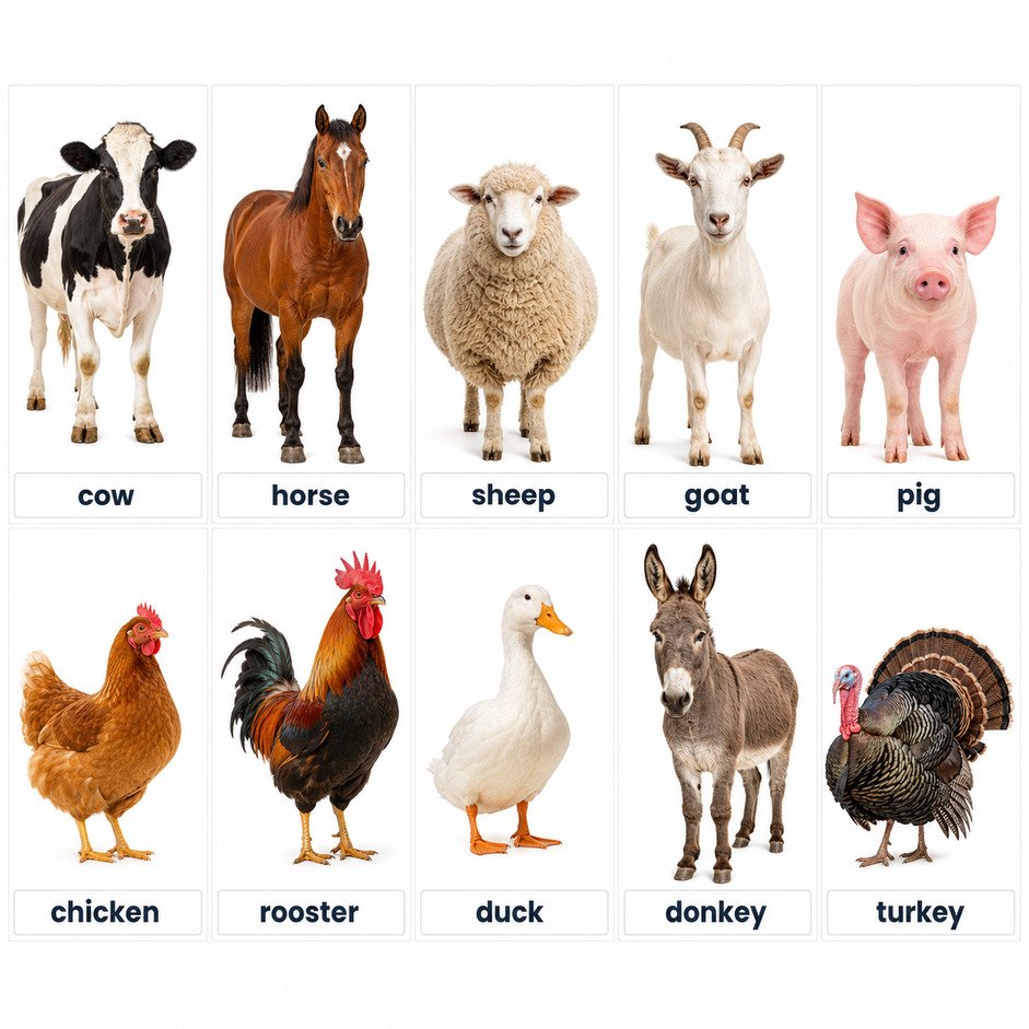 Farm animal names in English with pictures: cow, horse, sheep, goat