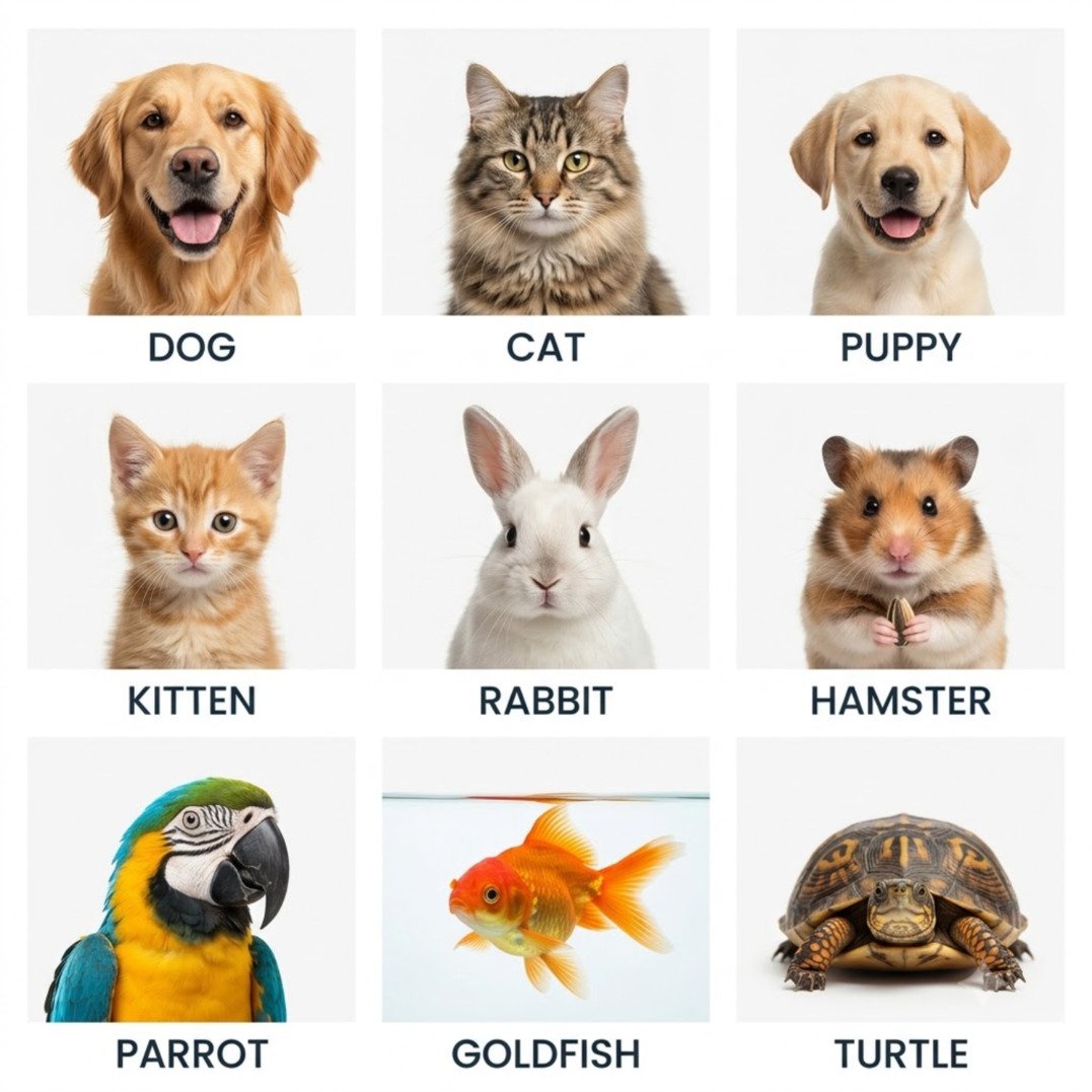Pet animal names in English with pictures: dog, cat, rabbit, parrot