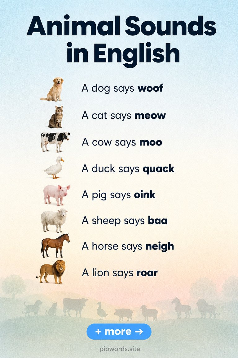 Animal sounds in English: a dog says woof, a cat says meow