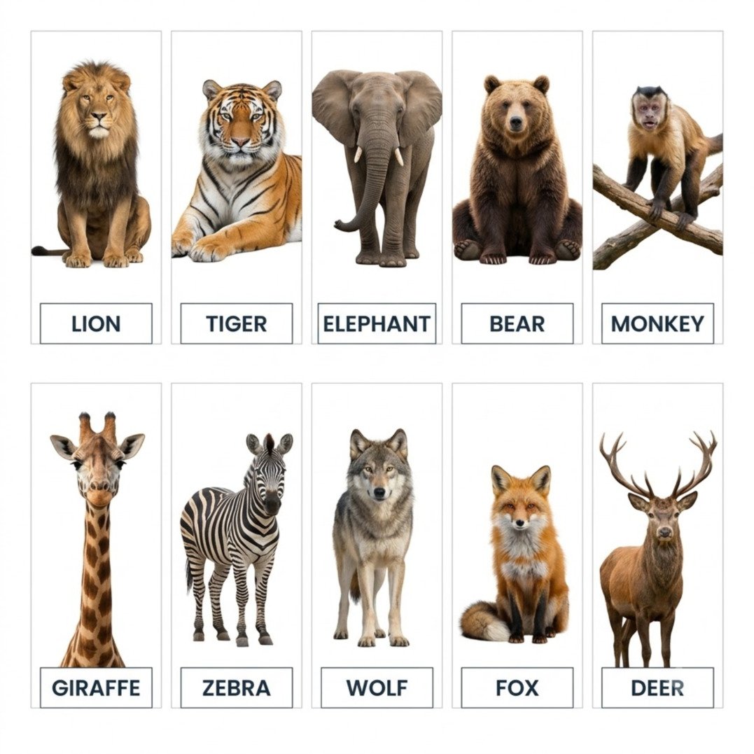 Wild animal names in English with pictures: lion, tiger, elephant