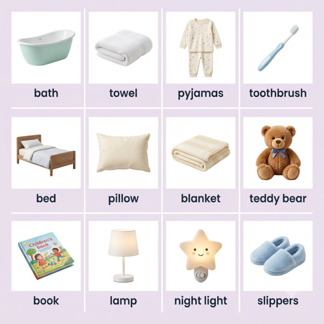 Bedtime words in English with pictures: pyjamas, pillow, blanket, teddy bear
