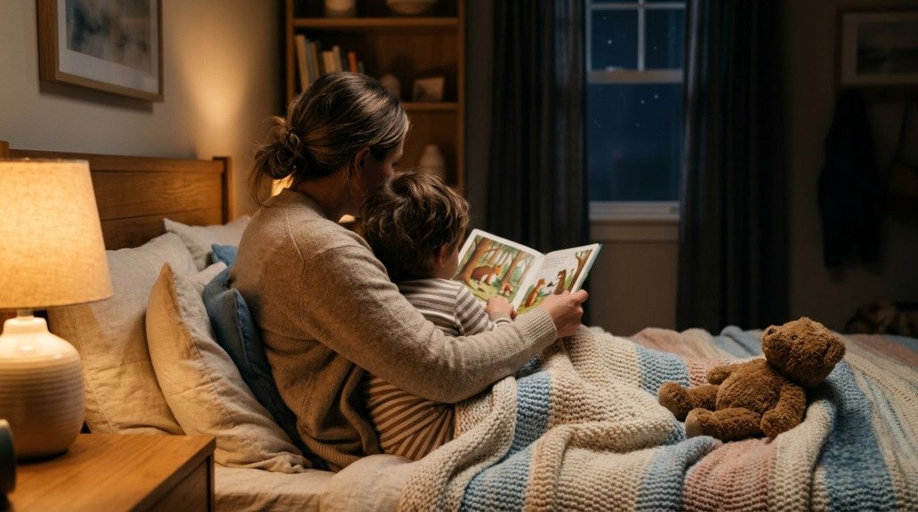 A parent reading a bedtime story in English to a child