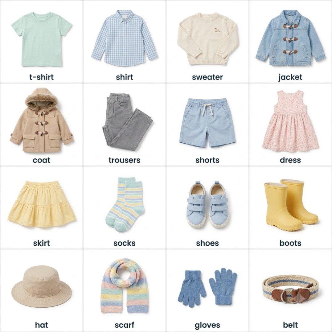 Clothes vocabulary in English with pictures: shirt, trousers, socks, coat