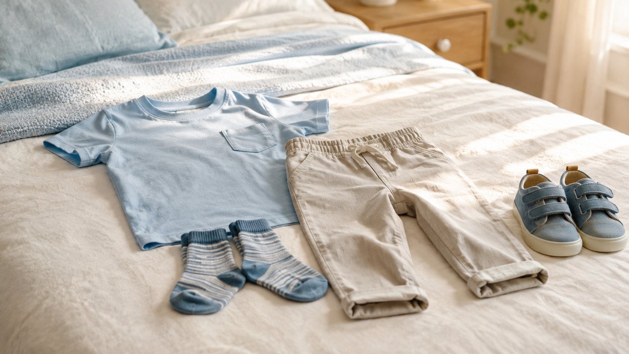A child getting dressed and learning clothes words in English