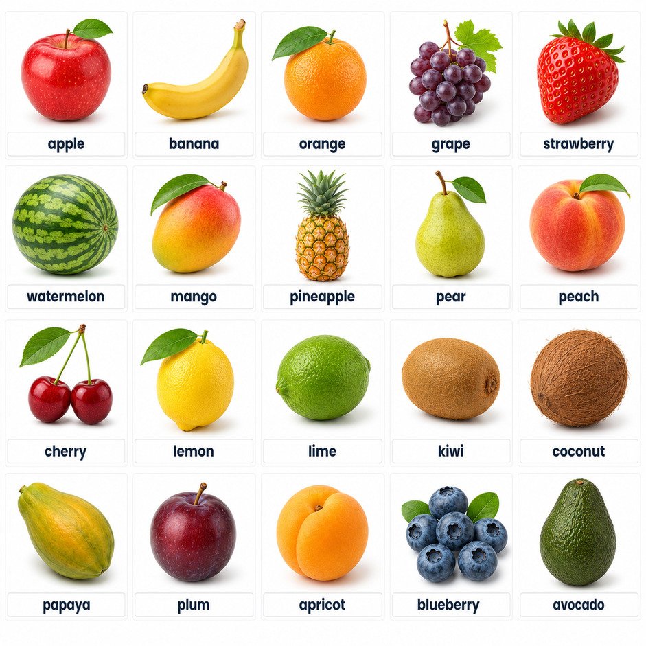 20 fruits names in English with pictures: apple, banana, mango, grape