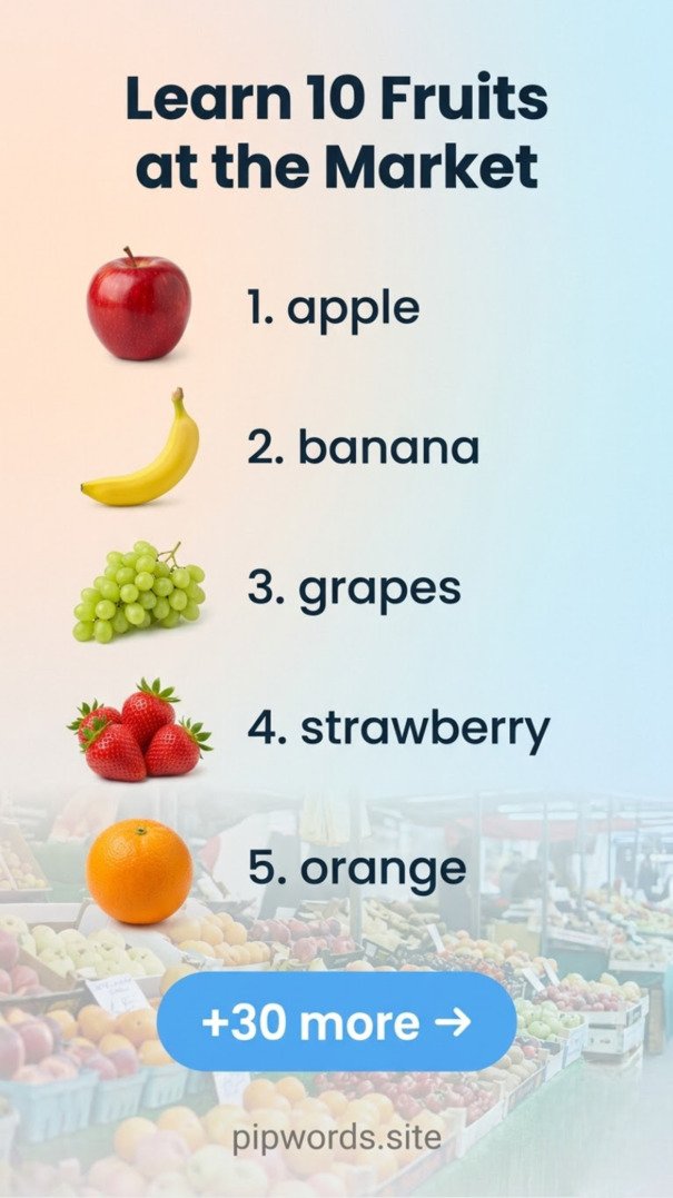 A child learning fruit names in English at a market
