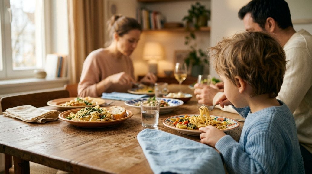 A family using English at mealtime