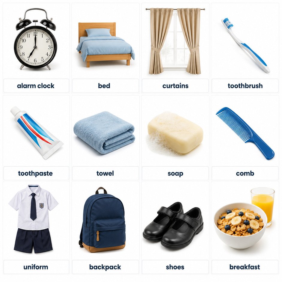 Morning routine words in English with pictures: alarm clock, toothbrush, backpack