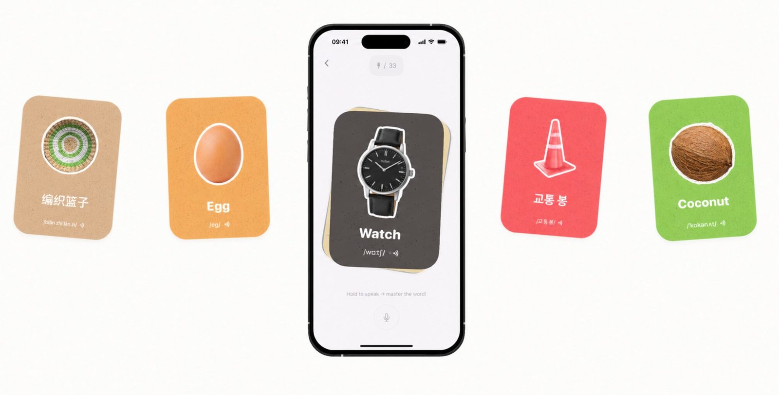 AI word camera word cards showing egg, watch, coconut and traffic cone with pronunciation in several languages