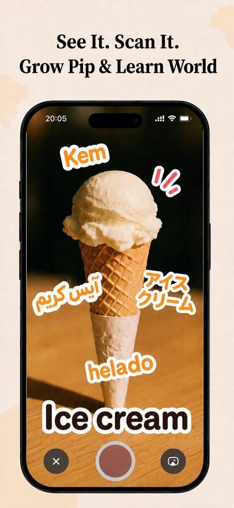 The PipWords camera naming an ice cream, with the word shown in five languages