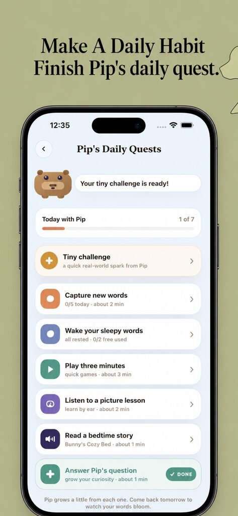 Daily quest list for teaching a child English vocabulary at home in a few minutes a day