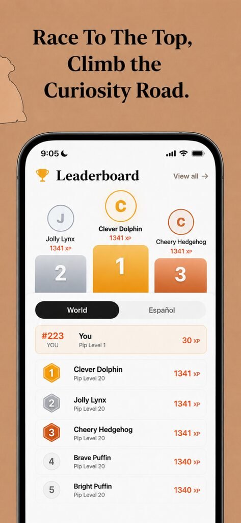 The PipWords world leaderboard with a podium and XP ranking