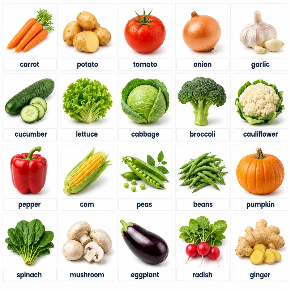20 vegetables names in English with pictures: carrot, potato, tomato